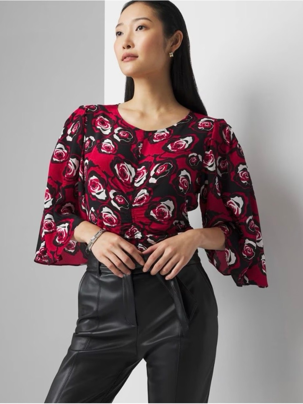 WHBM Red Black Rose Top Blouse Read Details Below about sizing.